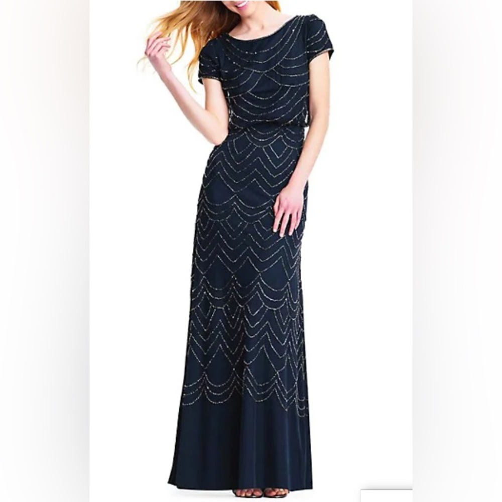 Adrianna Papell Beaded Floor-length Dress in Navy